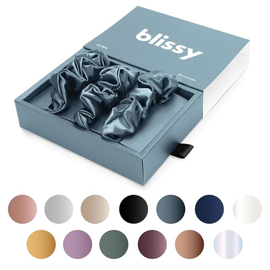 Blissy Silk Scrunchies (3 Pack) - 100% Pure Mulberry Silk - 22 Momme 6A High-Grade Fibers Scrunchie for Straight & Curly Hair - Preventing Breakage, Tangling, & Creasing (Ash Blue Regular)