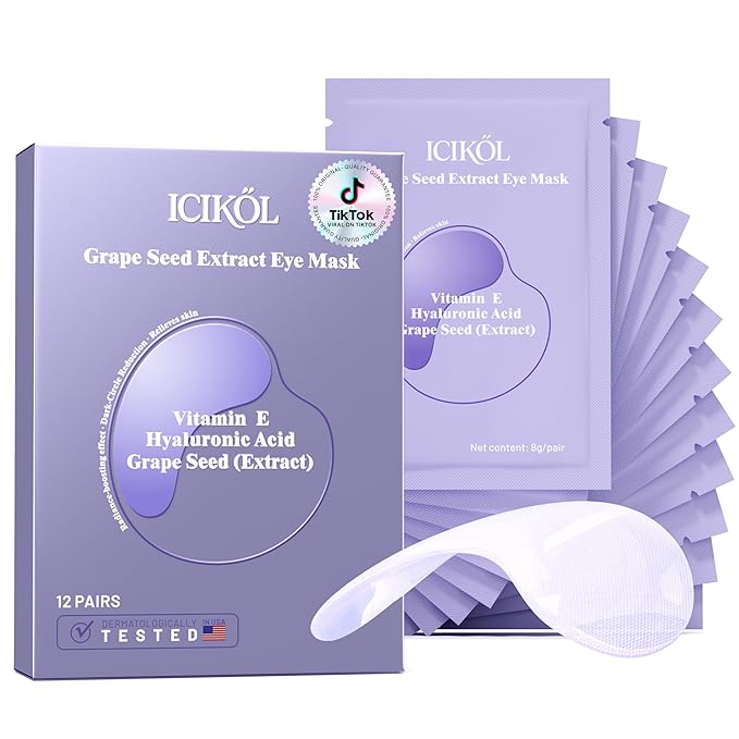 Collagen Under Eye Patches for Puffy Eyes and Dark Circles, Under Eye Mask for Radiance Boost, Deep Hydrating Undereye Mask Patches for Treatment with Women Beauty (12 Pairs, Grape seed)