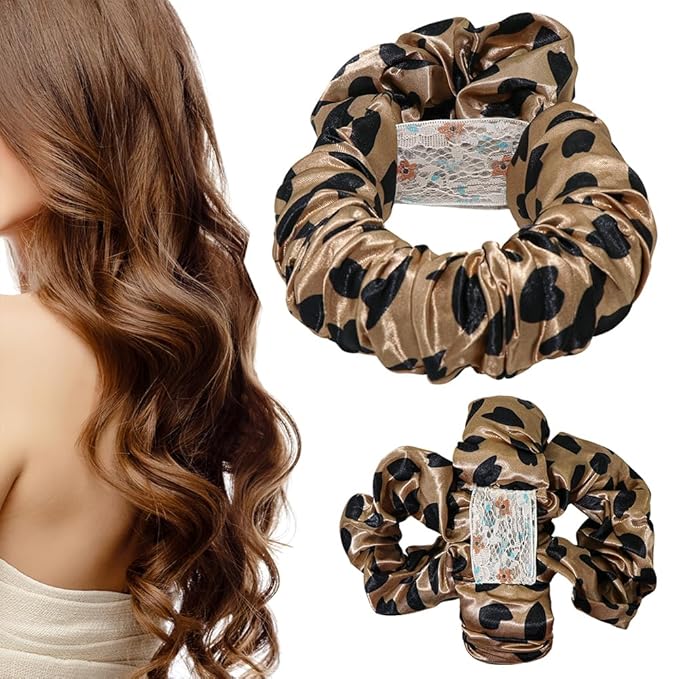 Heatless Hair Curler Overnight to Sleep In,Heatless Curling Scrunchie for Women Soft Silk Lazy Rollers Headband for Long Hair Overnight. (Brown Leopard)