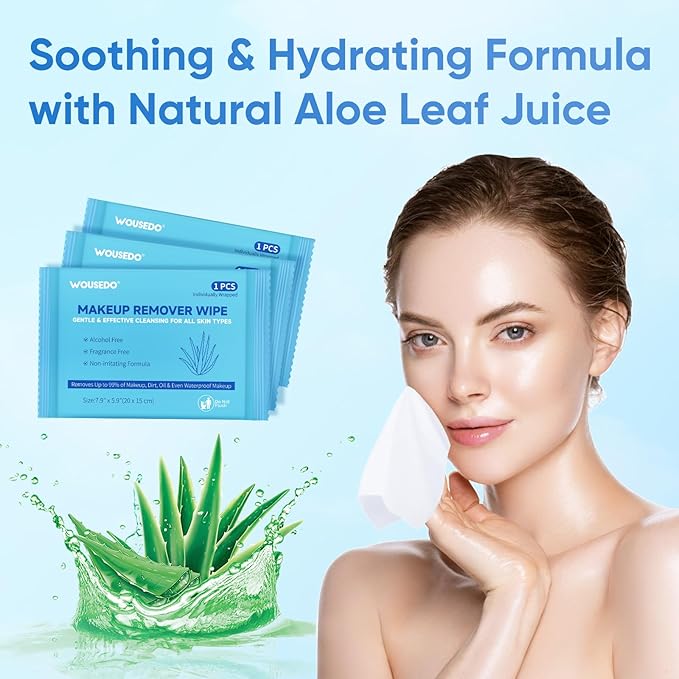 100 Count Makeup Remover Wipes, Bulk Gentle Cleansing Facial Towelettes, Individually Wrapped Travel Size,Alcohol-Free & Hypoallergenic for All Skin Types