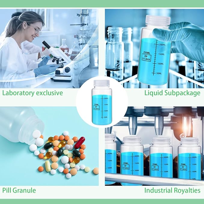 Tatuo 24 Pcs 8 oz 250 ml Polypropylene Plastic Sample Bottles with Screw Caps Sample Containers with Lid for Liquids, Reagent, Pill, Travel, Laboratory, Storage at Home (Wide Mouth-dark Scale)