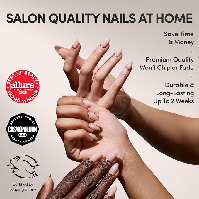 Glamnetic Press On Nails - Goal Chaser | Short Almond Neutral Fake Nails with Gold Reverse French Tip, Salon Quality Nude Nails | 15 Sizes - 30 Nail Kit with Glue
