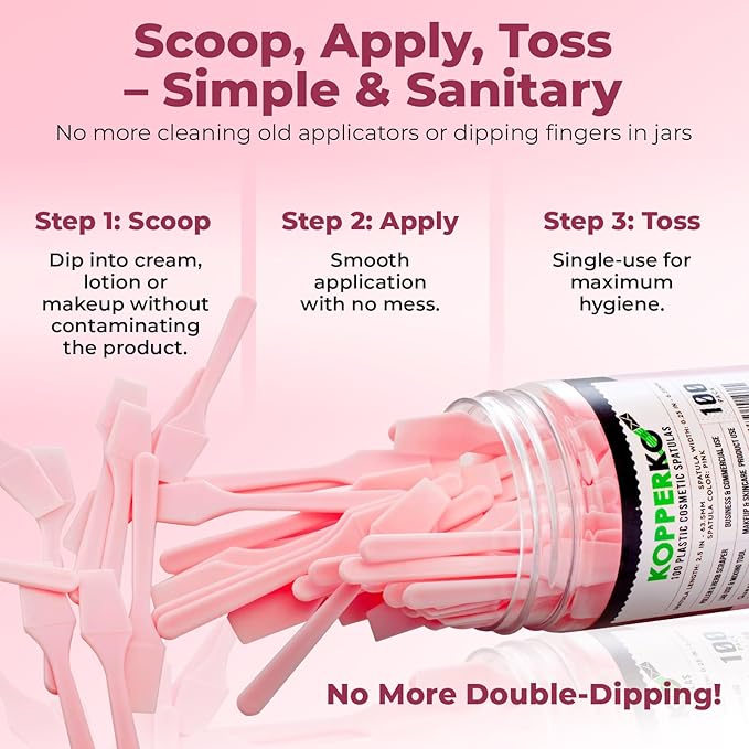 Kopperko Cosmetic Spatulas (2.5”, 100 Pack) - Small Plastic Spatula for Cosmetics, Creams & Crafts | Essential Esthetician Supplies | Makeup Spatula or Multipurpose Mini Applicator for Skincare | Pink