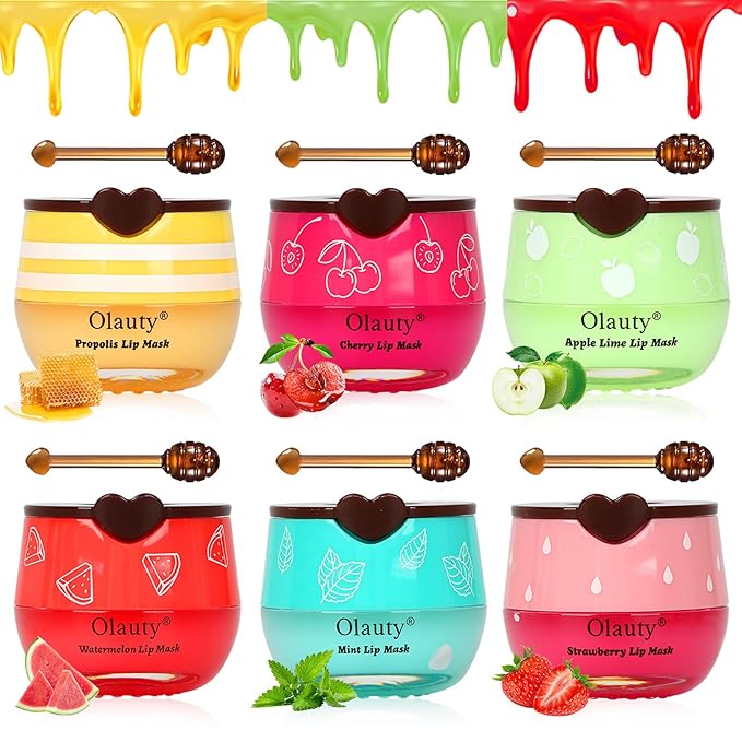 6 PCS Bee Lip Balm Honey Pot, Strawberry,Watermelon,Apple Lime,Cherry, Mint,Honey Propolis Sleeping Lip Balm Bulk,Hydrating Lip Masks Overnight Reduces Lip Lines, Lip Prevention Dry & Cracked