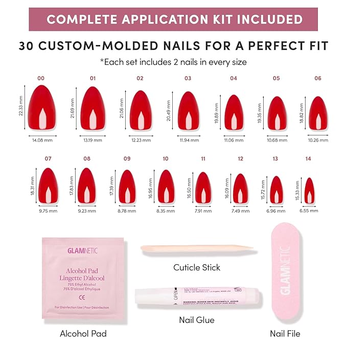 Glamnetic Press On Nails - Fiery Red | Opaque Bright Red Short Almond Fake Nails, Salon Quality | 15 Sizes - 30 Nail Kit