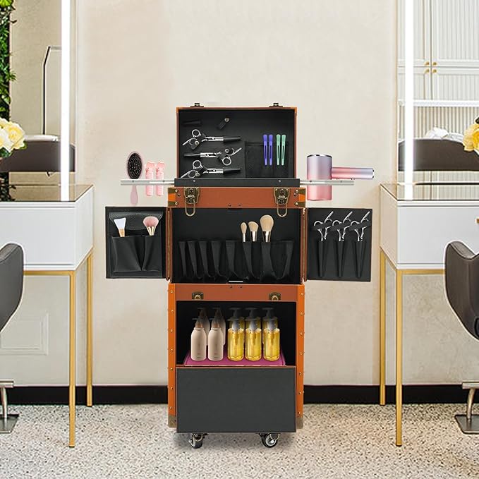 Rolling Lockable Makeup Train Case, Beauty Salon Luggage Hairdressing Trolley Stylist Beauty Salon Cosmetic Luggage Travel Organizer Tool Box for Professional Hairdressers(Coffee)