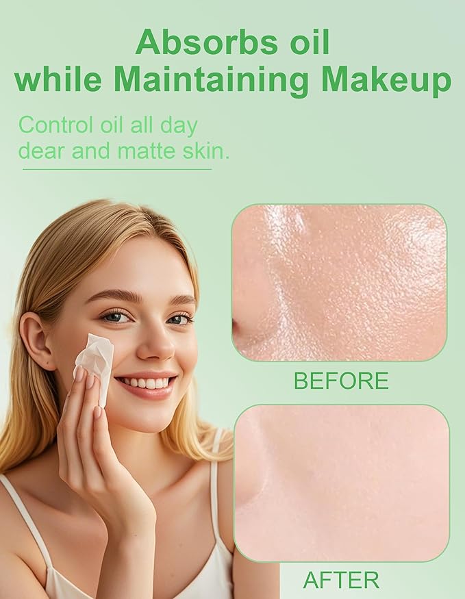 Oil Blotting Paper - 300 Sheets w/Mirror, Puff & Refills, Absorbs Excess Face Oil, Controls Shine, Gentle for Makeup Use.