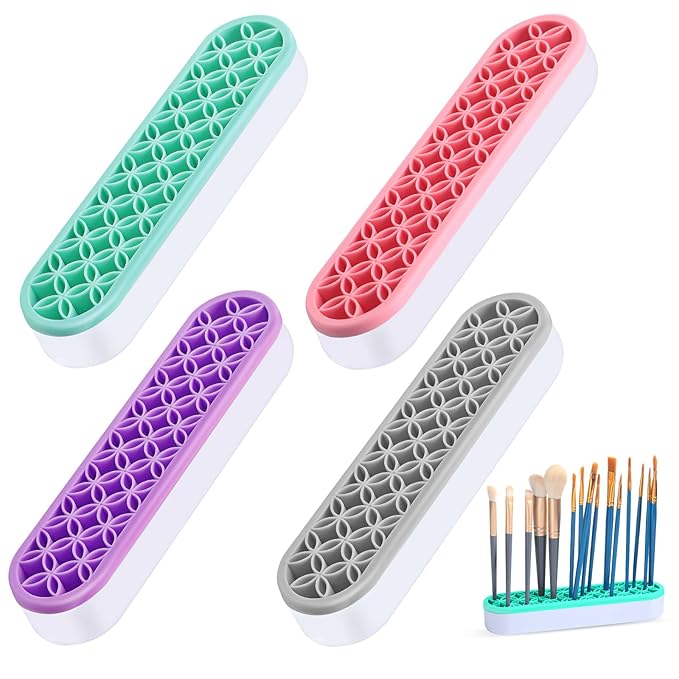 Frienda 4 Pcs Silicone Makeup Brush Holder Stand Multipurpose Cosmetic Travel Storage Box Painting Pen Brush Organizer Desktop Makeup Brush Drying Rack for Brush, Eyeliner Pencil Art (Multicolored)