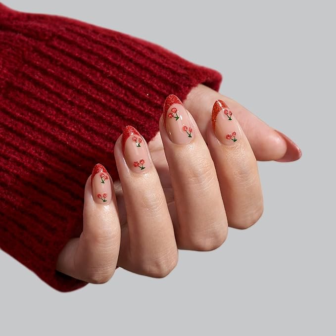BTArtbox French Tip Press On Nails Almond - Red Press On Nails with Cherry Design, Short Almond Stick On Nails for Women, Soft Gel Fake Nails Kit in 16 Sizes for Valentines' Day Gift, Sweet Cherry