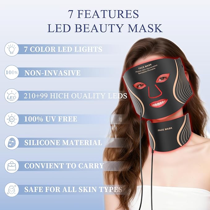 Red Light Therapy for Face & Neck, 7in1 LED Light Therapy Mask, Rechargeable Red Light Therapy Mask, 103 3-in-1 Fusion LED Beads, Anti-Aging, Skin Firming & Radiant Glow at Home