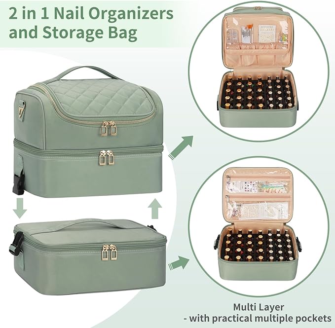 Extra Large Nail Polish Organizer - Three Layer Nail Organizers And Storage Bag, Portable Nail Supplies Organizer Case, Nail Tech Kit Travel Carrying Box with Shoulder Strap (Green, 86 Slots)