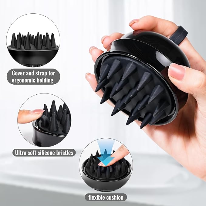 SHINLEA 2 in 1 Scalp Massager Hair Growth,Scalp Scrubber with Soft Silicone Bristles for Dandruff Removal,Shampoo Brush for Exfoliation,Head Massager for Both Wet and Dry Use (Black)