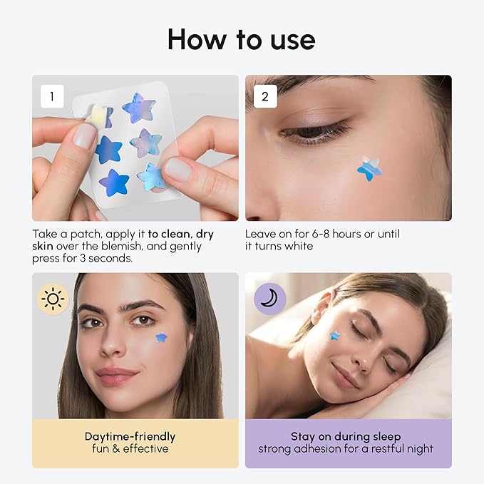 MAREE Star Pimple Patches for Face - Hydrocolloid Acne Patches w/Salicylic Acid, Tea Tree Oil & Centella - Cute Pimple Patches Stars - Teens Zit Patches Stickers - Parches Para Acne - 72 Blemish Dots
