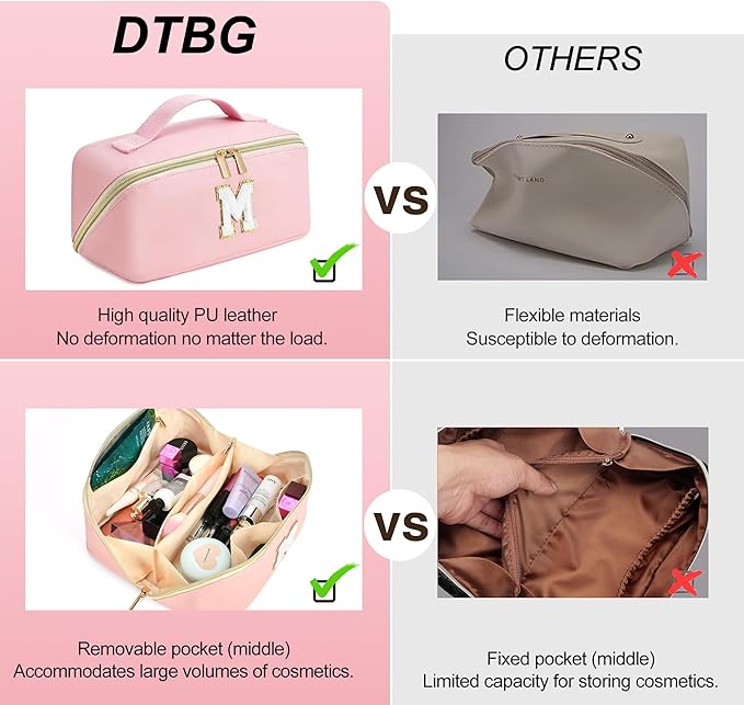 for Valentines Day Gifts, Makeup Bag for Women, PU Leather Travel Toiletry Bags, Initial Make Up Cosmetic Pouch for Teen Girls, Wide Open Portable Skincare Bag, Personalized Birthday Gifts, Pink K