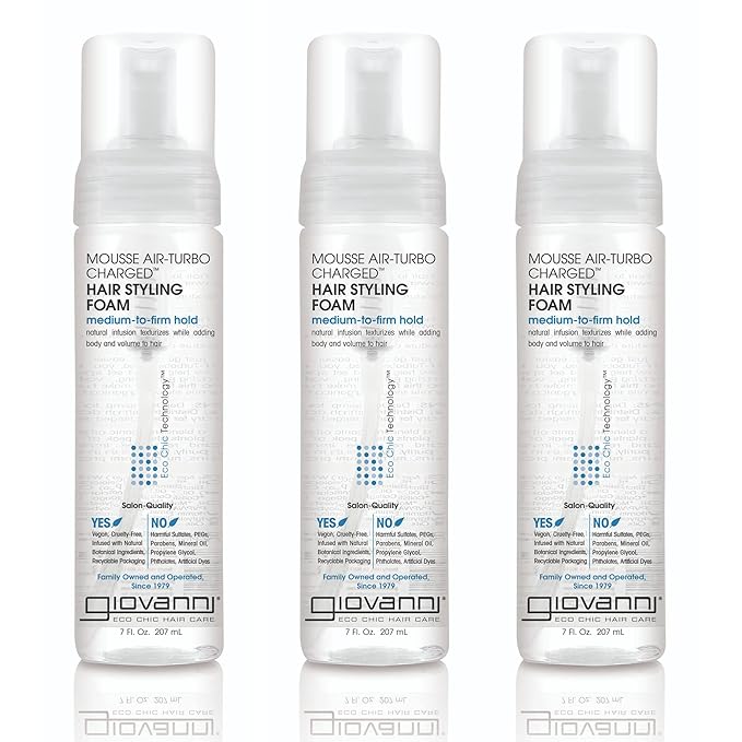 GIOVANNI Mousse Air-Turbo Charged, Hair Styling Foam - Lightweight for Natural Curls, Medium to Firm Hold, Add Texture & Shine, Curly Hair Products, No Parabens, Color Safe - 7 oz (Pack of 3)