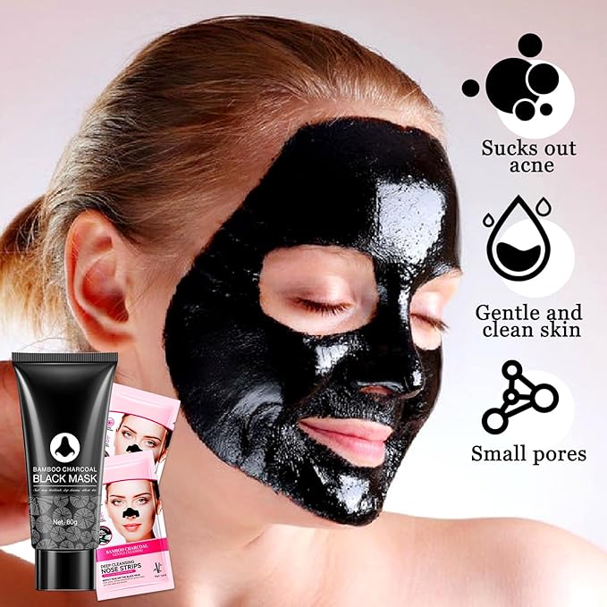 JunKuJK Charcoal Blackhead Remover Mask and 5 Pcs Blackhead Nose Strips,Gentle Nose Patches for Black Heads,Efficient Skincare Peel off Face Mask,Deep Cleansing Black Head Mask Set for All Skin Types