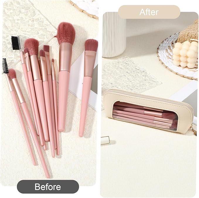 Sibba Small Clear Makeup Bag Travel Makeup Bag PU Leather Make up Brush Case Clear Cosmetic Bags Make up Organizer Zipper Pouch for Women Home Travel Office Cosmetic Storage (Beige)