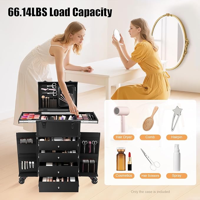 Professional Rolling Makeup Case 4 Drawers Makeup Travel Case for Makeup Artist, Hairstylists, Large Storage Cosmetic Case Trolley, Make-up Travel Organizer with Key Swivel Wheels