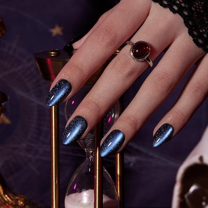 VSALON Press on Nails Short Almond - Blue Cat Eye Chrome Glue On Nails Kit for Women, Reusable Opaque Gel Stick on Nails with Glue & Cuticle Oil - 32 PCS Fake Nails in 16 Sizes (Midnight Tide)