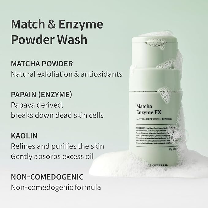 Matcha Enzyme FX Powder-To-Foam Cleanser, Enzyme Face Wash With Matcha Extract, Hydrating Korean Facial Cleanser For Daily Use, Water-Based Fragrance Free Formula, All Skin Types, 1.76oz
