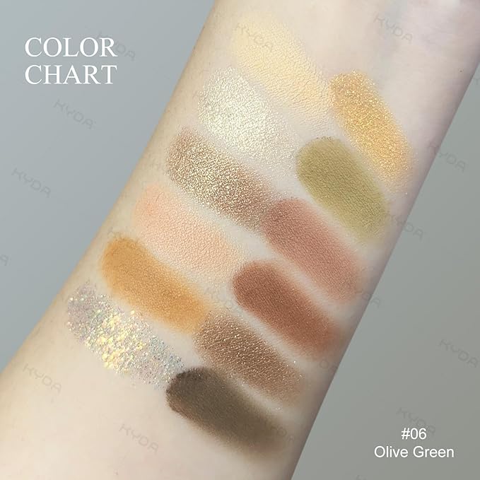 KYDA 12 Colors Olive Green Eyeshadow Palette, Sparkling Reflective Green Bronzer Eyeshadow, Matte Olive Ginger Nude Eyes Shadow, Smooth Blendable Powder, Smokey Eyes Makeup