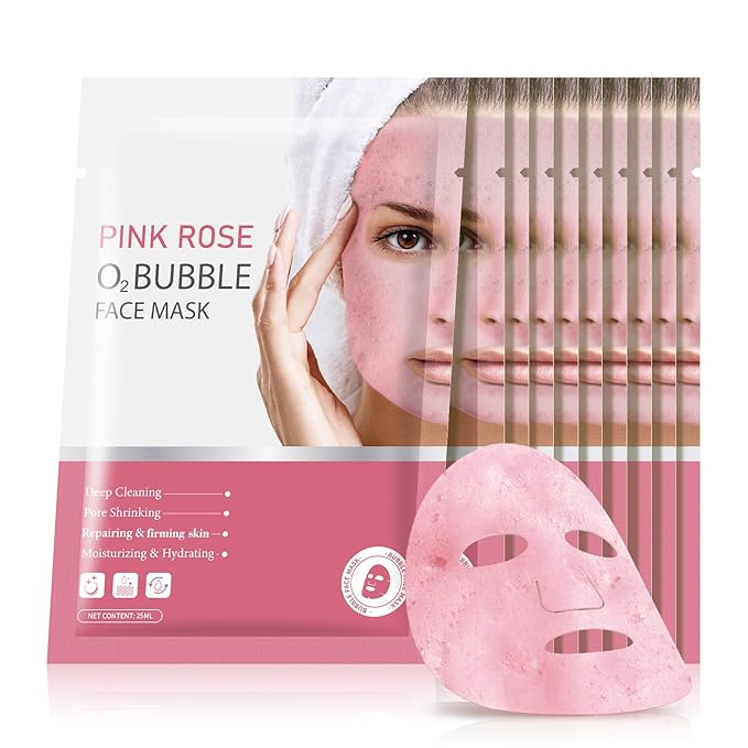 10 Sheets Pink Rose O2 Bubble Face Masks Skincare, Hydrating Moisturizing Bubble Face Masks for for All Skin Types, Sheet Masks Cleaner Foaming Purifying Facial Mask for Pores