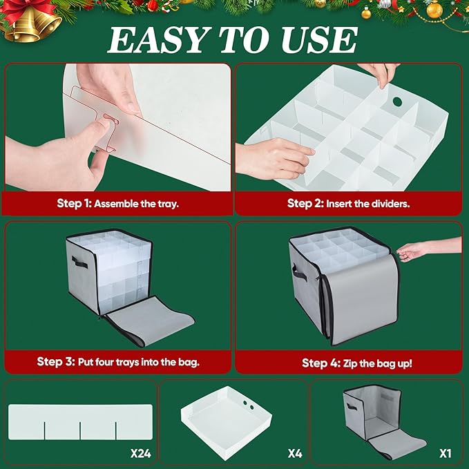 BALEINE Christmas Ornament Storage Box with Dividers, Premium Holiday Ornaments Storage Container Bin for Xmas Decorations (64 Ball, Grey, Soft)