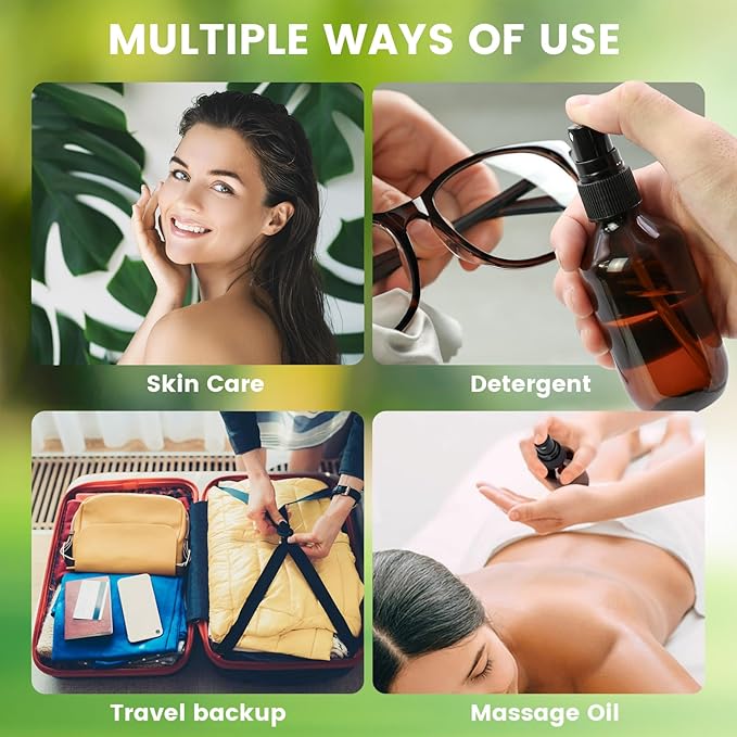 TRENDBOX 24 Pack 3.4oz Amber Spray Bottles, Small Fine Mist Mister Plastic Travel Bottles, Empty Bottles Set for Essential Oils Hair