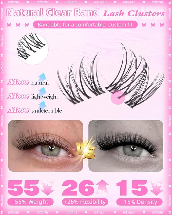 Wtvane Wispy Lash Clusters Natural Cluster Eyelash Extensions 8-10mm Short Lash Extensions Invisible Band Clusters Lashes C-Curly Individual Lashes Natural Look Lash Extensions Soft Band Daily Wear