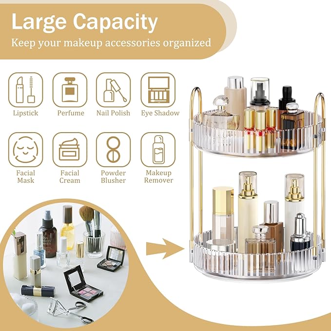 MOKANI 360 Rotating Makeup Organizer for Vanity, 2 Tier Adjustable Perfume Organizer for Dresser, Multi-Function Spinning Cosmetics Skincare Storage for Bedroom, Dresser, Countertop, Clear