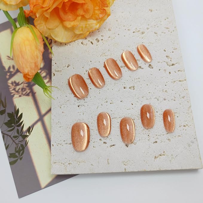 Cat Eye Press on Nails Handmade Short Oval/Square/Round False Nails with French Tip/Aurora/Magnetic Shimmer Designs (Side#Koi M)