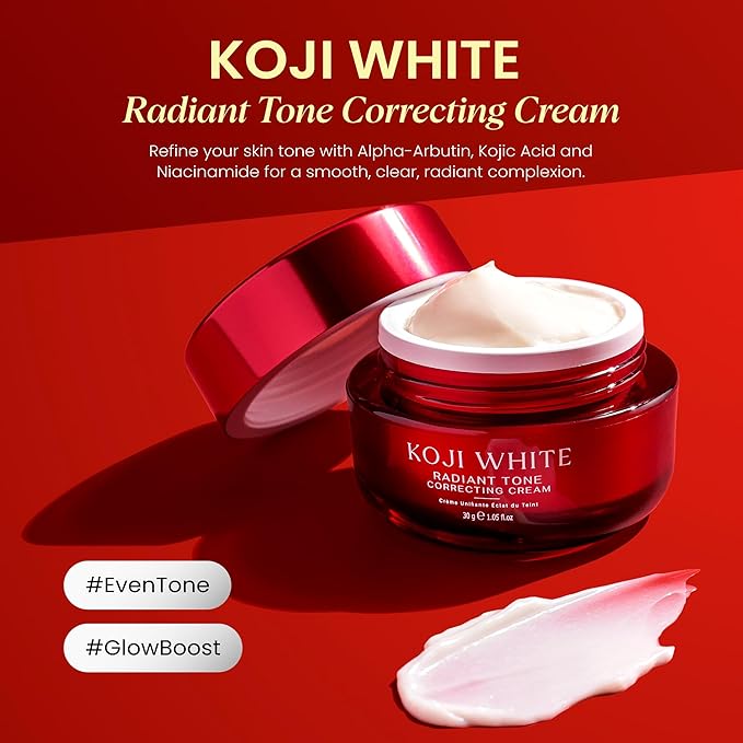 Koji White 1% Kojic Acid Cream | Face Moisturizer Radiant Tone Correcting Cream with 1% Alpha-Arbutin, 3% Niacinamide & Hyaluronic Acid for All Skin Types, Unscented, Vegan Skincare, 1.05 FL Oz