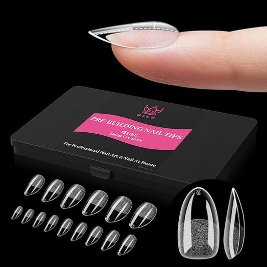 Qiek Short Almond Pre-Building Nail Tips, 15 Sizes 240 PCS Pre-shaped Apex Clear Soft Press On Fake Nail Half Matte Gel Nail Extensions Strong Thick Acrylic Tip for DIY Beginners & Salon Manicure