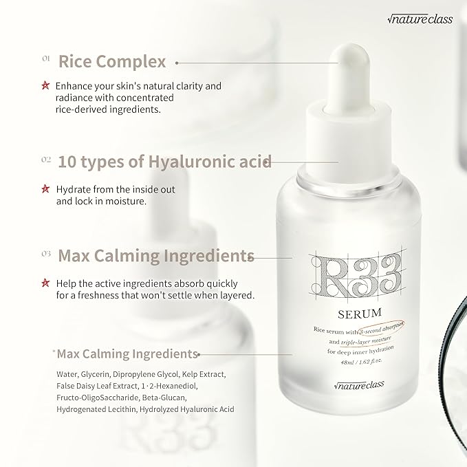 R33 Hydrating Serum for Face with 10-Type Hyaluronic Acid, Niacinamide, Vitamin B5, Rice Extract, Barrier Support, Fragrance Free, Korean Skin Care, 1.69 fl oz