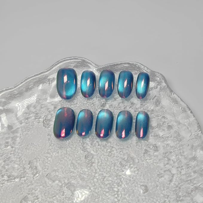Cat Eye Press on Nails Handmade Short Oval/Square/Round False Nails with French Tip/Aurora/Magnetic Shimmer Designs (Aurora#Night M)