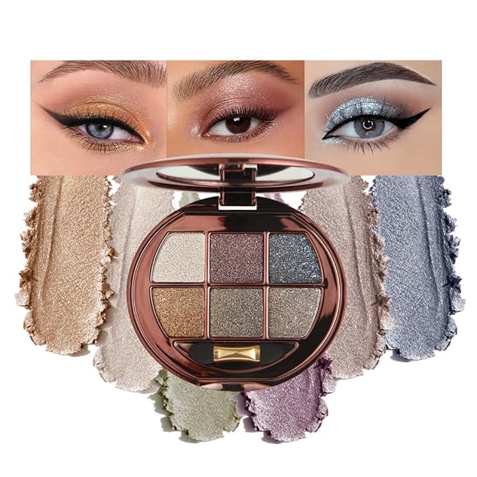 6-Color Shimmer Eyeshadow Palette, Micro-Glitter Pearlescent Neutrals, Silky Smooth High-Pigment Powder, Non-Caking No-Fallout, Waterproof Sweatproof Long-Lasting Eye Makeup, Giftable Palette-A01