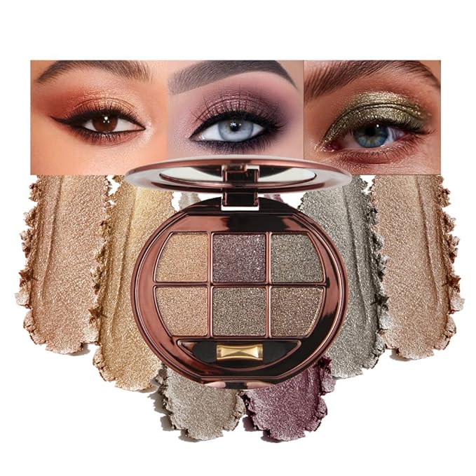 6-Color Shimmer Eyeshadow Palette, High Pigmented Metallic Sparkle Glitter Eye Shadow, Smooth Blendable Long Lasting Glow Finish for Smoky Eye, Glam Makeup, Party, Evening, Night Look, Mature Eyes