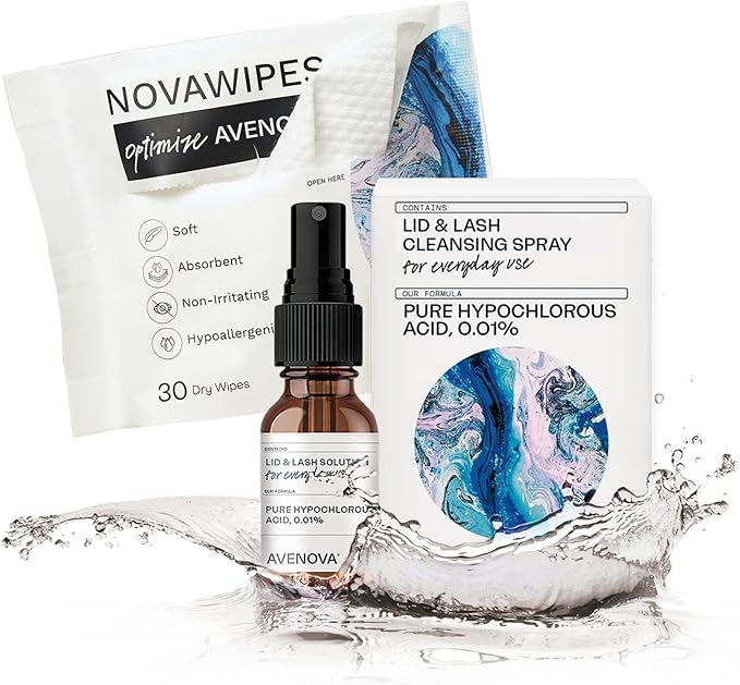 Avenova Eyelid and Eyelash Cleanser Spray & Wipe Kit - Kit with Gentle Cleansing Hypochlorous Acid Spray & 30 Dry Eyelid Wipes for Eye Irritation