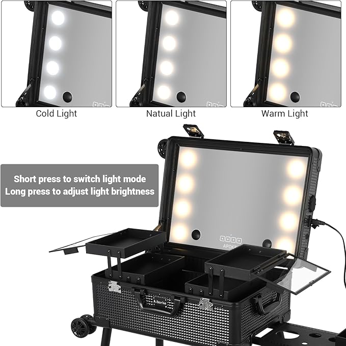 Rolling Makeup Train Case with Lighted Mirror and Bluetooth Speaker Professional Cosmetic Organizer Case with Wheels, Stands Portable Makup Station Vanity for Travel (Black, Small)
