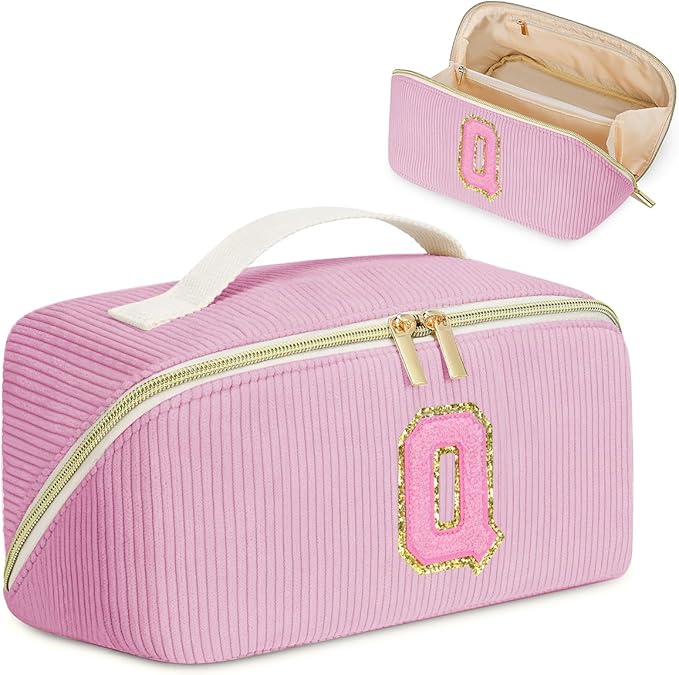 Personalized Initial Makeup Bag, Valentine's Day Gifts for Girls,Preppy Bag Cosmetic Travel Bag Women,Travel Toiletry Organizer,Large Capacity Corduroy Stuff Bag,Cute Cosmetic Pouch Skincare Bag