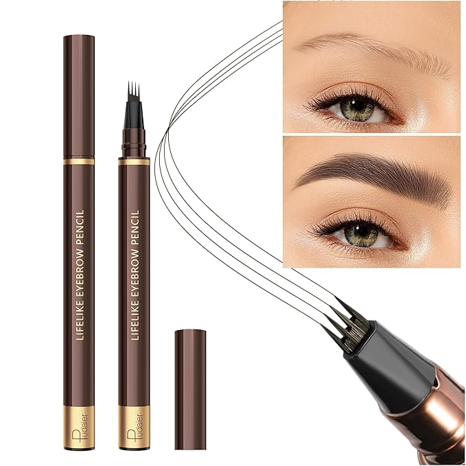 2 Pack 4-Tip Microblading Eyebrow Pen with 2 Brow Brushes, Waterproof Vegan Formula Eyebrow Pencils for Women to Effortlessly Create Natural Hair-Like Strokes, All-Day Wear (Black Brown)