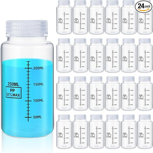 Tatuo 24 Pcs 8 oz 250 ml Polypropylene Plastic Sample Bottles with Screw Caps Sample Containers with Lid for Liquids, Reagent, Pill, Travel, Laboratory, Storage at Home (Wide Mouth-dark Scale)