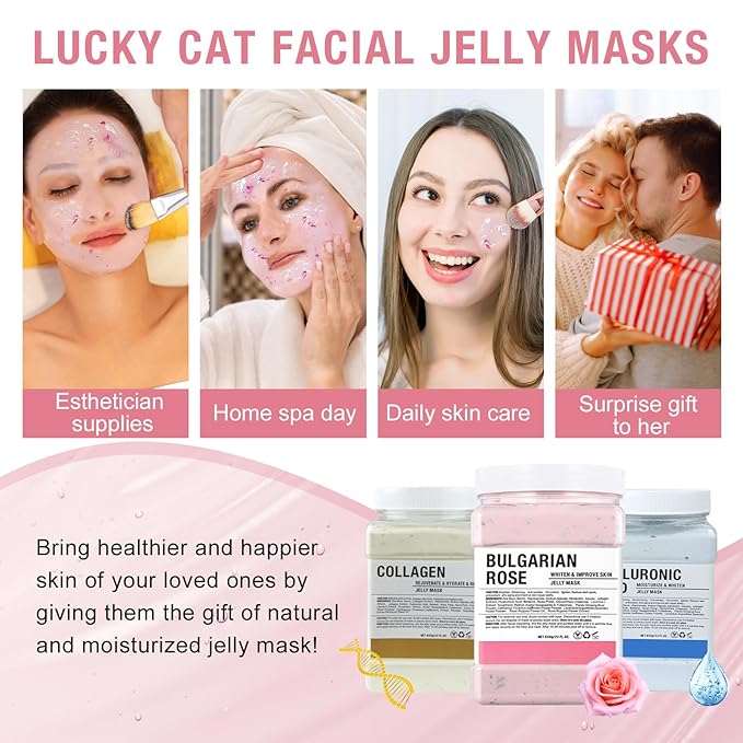 LUCKY CAT Jelly Mask for Facials Professional, Hydrating & Moisturizing Peel-Off Gel Jelly Face Mask Skin Care for Deep Hydration & Glow, Professional Spa Use for All Skin Types 23 Fl Oz (Rose)