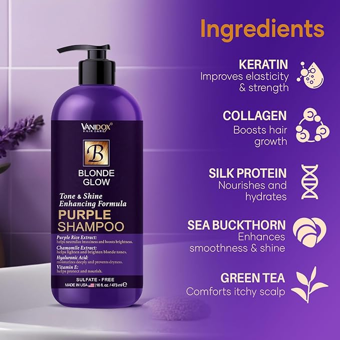 VANIDOX Sulfate Free Brass Toning Purple Shampoo for Blondes, Brown Highlighted, or Bleached Hair, Infused with Purple Rice Extract, Hyaluronic Acid, Vitamin E, and Chamomile Extract (16 fl oz)
