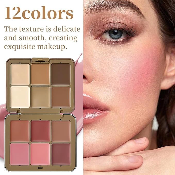 Blush And Concealer Palette | Natural Cheek Blush - 12-color Face Rouge And Contour Palette For Women, Facial Contouring Makeup