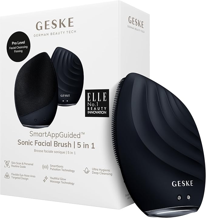 GESKE SmartAppGuided Sonic Facial Brush 5 in 1 | Vibrating Electric Cleansing Brush | Soft Silicone | Professional Cleanser | Skin Exfoliator | Face Massager