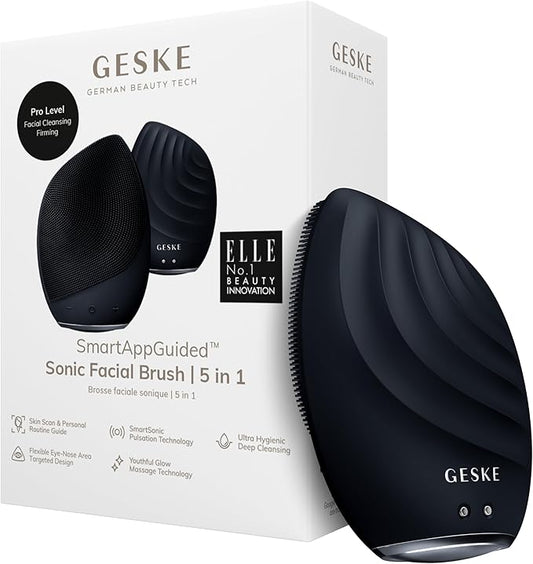 GESKE SmartAppGuided Sonic Facial Brush 5 in 1 | Vibrating Electric Cleansing Brush | Soft Silicone | Professional Cleanser | Skin Exfoliator | Face Massager