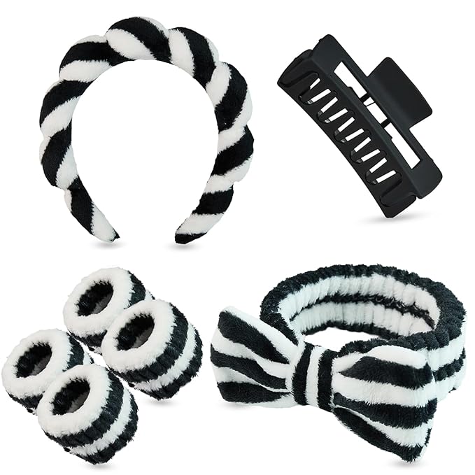 Yaqulen 7 Pcs Spa Set, Facial Headband and Wristband Set, Skincare Accessories, College Style Girl Gift, Hair Accessories for Women and Girls（Black White Stripe ）