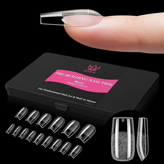 Qiek Medium Square Pre-Building Nail Tips, 15 Sizes 240 PCS Pre-shaped Apex Clear Soft Press On Fake Nail Half Matte Gel Nail Extensions Strong Thick Acrylic Tip for DIY Beginners & Salon Manicure