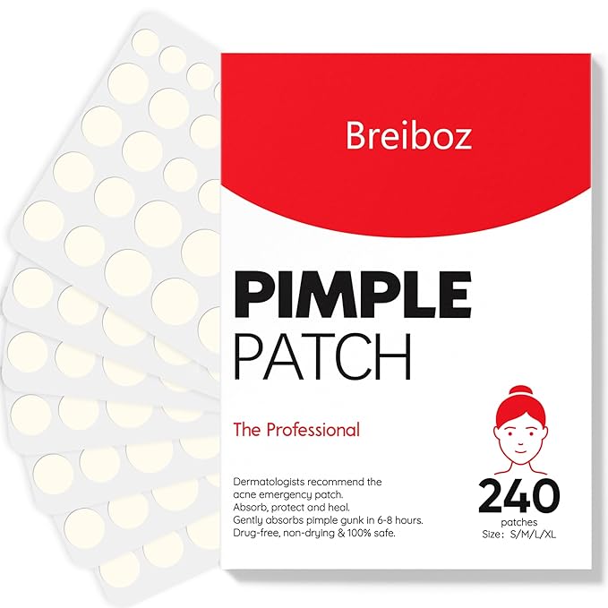 Breiboz Pimple Patches for Face, Skincare Hydrocolloid Acne Pimple Patch Invisible Zit Covers with Tea Tree, Salicylic Acid & Cica Oil | 4 Size 240 Counts